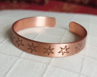 Pure Copper Cuff Bracelet, Patterned Adjustable Bangle, Handmade Unisex Copper Bracelet for Men and Women