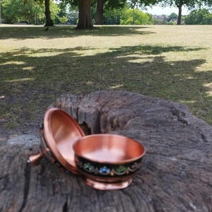 May include: A small, round copper bowl with a matching lid, featuring a black exterior band decorated with a delicate floral pattern in blue, green, and white enamel. The interior of the bowl and lid displays a polished, reflective copper finish.