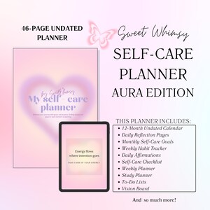 Könnte beinhalten: Ein rosa und lilafarbener Selbstpflege-Planer mit einer Schmetterlingsgrafik und dem Text "Sweet Whimsy Self-Care Planner Aura Edition". Der Planer enthält einen 12-monatigen undatierten Kalender, tägliche Reflexionsseiten, monatliche Selbstpflegeziele, einen wöchentlichen Gewohnheitstracker, tägliche Affirmationen, eine Selbstpflege-Checkliste, einen Wochenplaner, einen Studienplaner, To-Do-Listen und ein Vision Board.