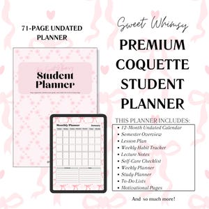 Könnte beinhalten: Ein rosa-weißer Studentenplaner mit floralem Design und dem Text "Sweet Whimsy Premium Coquette Student Planner". Der Planer enthält einen 12-monatigen undatierten Kalender, einen Semesterüberblick, einen Stundenplan, einen wöchentlichen Gewohnheitstracker, Vorlesungsnotizen, eine Selbstpflege-Checkliste, einen Wochenplaner, einen Studienplaner, To-Do-Listen, Motivationsseiten und vieles mehr.