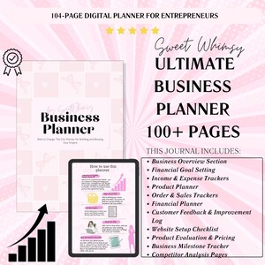 Könnte beinhalten: Ein digitaler Businessplaner mit rosa und weißem Design. Der Planer enthält Abschnitte für den Geschäftsüberblick, die Festlegung finanzieller Ziele, Einkommens- und Ausgaben-Tracker und mehr. Auf dem Cover steht "Business Planner" und "Sweet Whimsy Ultimate Business Planner 100+ Pages."