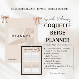 Könnte beinhalten: Beigefarbener digitaler Planer mit einer niedlichen Hasenillustration auf dem Cover. Der Planer enthält einen undatierten 12-Monats-Kalender, einen Ziel-Tracker für das Jahr, einen Wochenplaner, einen Habit-Tracker, ein Dankbarkeitsjournal, tägliche Reflexionen, einen Finanzplaner, einen Gesundheits-, Ernährungs- und Fitness-Tracker, einen Studienplaner und vieles mehr.