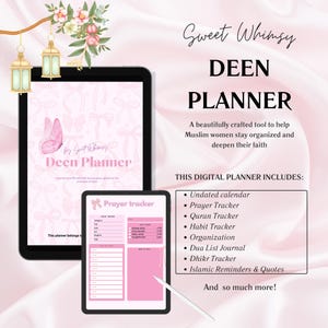 Könnte beinhalten: Ein digitaler Planer mit einem rosa und weißen Schmetterlingsdesign. Der Planer enthält einen Gebets-Tracker, einen Koran-Tracker, einen Gewohnheits-Tracker, Organisation, ein Dua-Listen-Journal, einen Dhikr-Tracker, islamische Erinnerungen und Zitate. Der Text "Sweet Whimsy Deen Planner" ist auf dem Cover abgebildet.