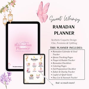 Könnte beinhalten: Ein digitaler Planer für Ramadan mit einem rosa Schmetterling und floralem Design. Der Planer enthält einen Kalender, einen Ziel-Tracker, Seiten zum Verfolgen des Korans, einen Gebets- und Ibadah-Tracker, Ramadan-Checklisten, Malvorlagen, eine Checkliste zur Vorbereitung des Eid, einen Zakat- und Spenden-Tracker, einen Leitfaden für Laylat al-Qadr, eine Dua-Liste und einen Sunnah-Tracker. Der Text "Sweet Whimsy Ramadan Planner" befindet sich oben im Bild.
