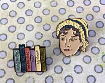 Jane Austen with Book Collection Enamel Pin