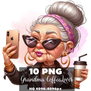 面白いおばあちゃんのコーヒー愛好家のクリップアート 10 PNG、昇華デザイン、かわいい漫画のおばあちゃん、おしゃれなおばあちゃん、面白い年配の女性、ハスラーのおばあちゃん