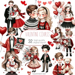 Clipart de parejas de San Valentín en acuarela, Feliz día de San Valentín, Parejas enamoradas, Arte de amor caprichoso, Arte de estilo escandinavo, Día de San Valentín para niños