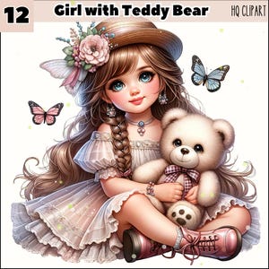 Aquarell Boho kleines Mädchen und Bär 14 PNG, Kinderzimmer Clipart, niedlicher Baby Teddybär, Boho Mädchen Clipart, Boho Teddybär, Vintage Clipart PNG