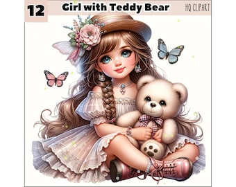 Watercolor Boho Little Girl and Bear 14 PNG, Nursery Clipart, Cute Baby Teddy Bear, Boho Girl Clipart, Boho Teddy Bear, Vintage Clipart PNG