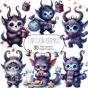 Watercolor Cartoon Krampus Clipart, Christmas Krampus, Cartoon Krampus, Xmas Santa Bundle, Creepy Christmas PNG, Digital Download