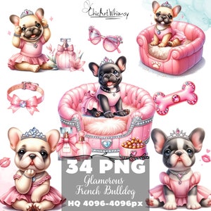 Acquerello glamour bulldog francese clipart 34 PNG, arte bulldog francese chic PNG, cane da compagnia, grafica amante degli animali domestici PNG, uso commerciale