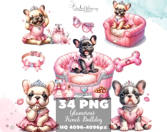 Watercolor Glamorous French Bulldog Clipart 34 PNG, Chic French Bulldog Art PNG, Pet Baby Dog, Pet Lover Graphics PNG, Commercial Use