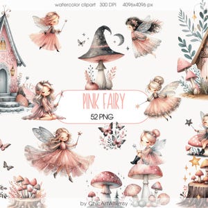 Różowa leśna wróżka Clipart, słodkie akwarelowe pastelowe wróżki, pierwsze urodziny Clip Art, zaczarowany las, Baby Shower Clipart CYFROWE POBIERANIE