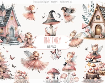 Pink Woodland Fairy Clipart, Cute Watercolor Pastel Fairies, First Birthday Clip Art, Enchanted Forest, Baby Shower Clipart DIGITAL DOWNLOAD