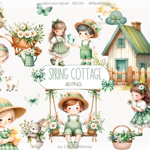 Aquarell Frühling Cottage Clipart, Cottagecore Kinder, Tiere Blumen Aquarell rustikale Bauernhof grüne Gingham Kinderzimmer Dekor, ländliche Landschaft