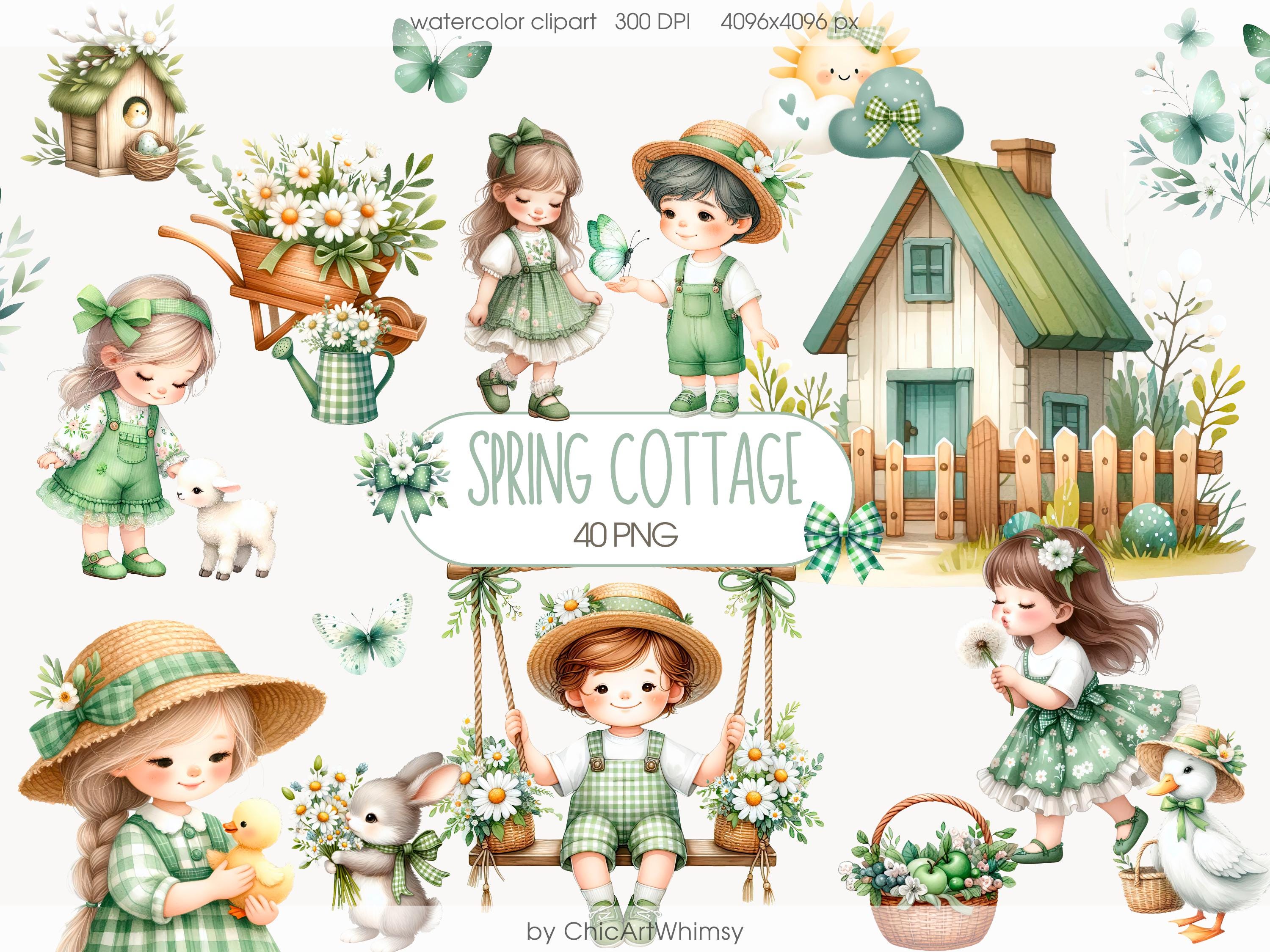 Watercolor Spring Cottage Clipart, Cottagecore Kids, Animals Florals Watercolor Rustic Farm Green Gingham Nursery Decor, Countryside Rural