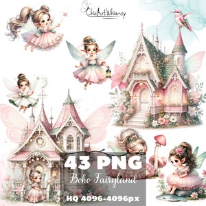 Aquarelle Boho Chibi Fairyland Clipart 43 PNG, jardin féerique, clipart champignon, licorne, fées PNG Clipart, clipart fée magique chambre d'enfant