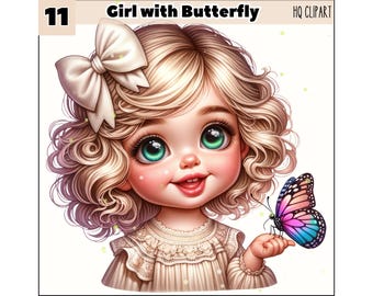 Watercolor Boho Little Girl with Butterfly 11 PNG, Nursery Clipart, Butterfly Clipart, Boho Girl Clipart, Vintage Clipart PNG, Baby Girl PNG