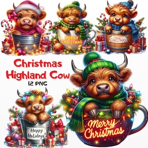 Watercolor Christmas Highland Cows in busket, Christmas Clipart PNG, Funny highland cow clipart, Christmas Cards, Crafts and Sublimation