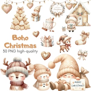Akwarela Boho Boże Narodzenie 30 Clipart, Neutralne Boże Narodzenie, Boho Xmas ClipArt, Przytulna Zimowa Akwarelowa Ozdoba, Piernikowe Drzewko Użytek Komercyjny