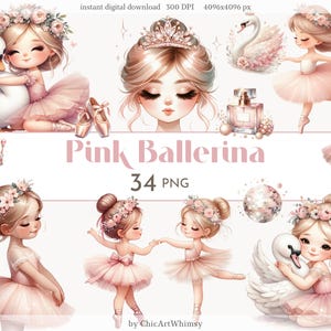 Clipart ballerina acquerello 34 PNG, piccola ballerina, clipart lago dei cigni, ballerina rosa PNG, pacchetto compleanno tutu PNG, download immediato