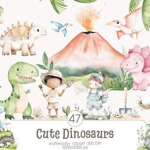 Cute Dinosaur Clipart Bundle, Watercolor Dinosaur Graphics, Baby Dinosaur PNG, Dino Baby Shower, Dino Birthday Party, Nursery T-Rex PNG