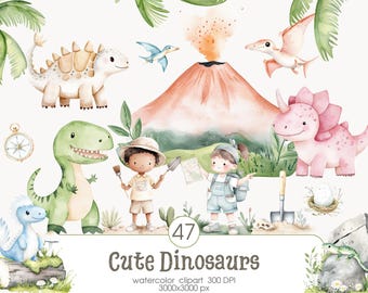 Cute Dinosaur Clipart Bundle, Watercolor Dinosaur Graphics, Baby Dinosaur PNG, Dino Baby Shower, Dino Birthday Party, Nursery T-Rex PNG