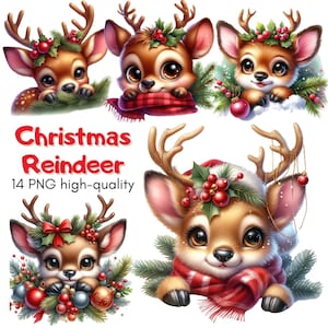 Renne de Noël aquarelle 14 PNG, cerf de Noël, graphiques aquarelle père Noël renne, clipart Noël, cartes de Noël, usage Commercial