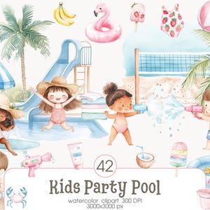 Clipart de fiesta en la piscina, verano en la playa, niños divertidos y adorables, flotadores de helado y cócteles, accesorios de playa, invitación a fiesta, clipart para uso comercial