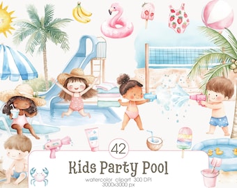 Pool Party Clipart, Beach Summer, Fun Cute Kids, Cocktails Ice-Cream Floaties, Beach Accessories, Party Invitation, Commercial Use Clipart