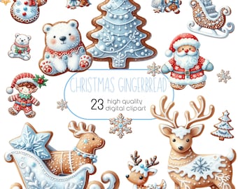 Christmas Gingerbread Clipart Bundle, Christmas Clipart, Festive Cookie Graphics, Holiday Printables, Commercial Use, Blue Christmas Png
