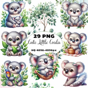 Aquarelle mignon petit Koala Clipart 29 PNG, des cliparts bébés animaux, décoration de chambre d'enfant, eucalyptus des amoureux des koalas, anniversaire Baby Shower Png
