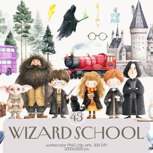 Aquarel Wizard School, clipart verjaardag kinderen, schattige heks clipart, decor van de kinderkamer png, fantasie clipart, Magic Wizard World, commercieel gebruik