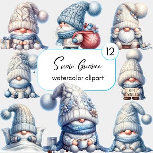 Aquarela Snow Gnomes Clip Art, 12 ClipArt de alta qualidade, Gráficos de Natal, Clip Art de feriado, Feriados de inverno, Natal prateado