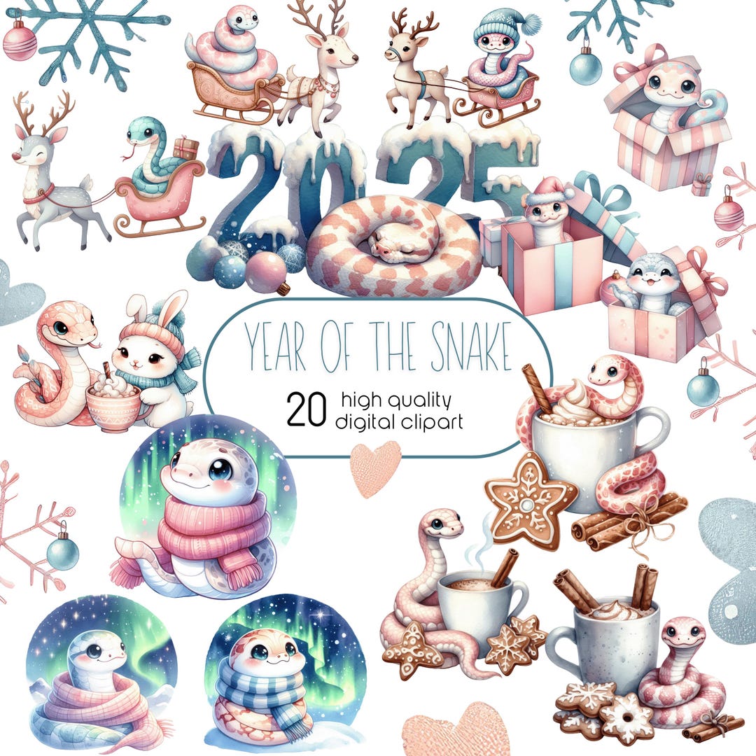 Watercolor Year of the Snake Clipart, Cute Baby Snake, Festive Snake ...