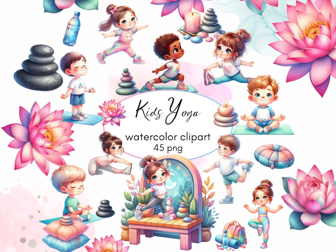 Watercolor Cute Yoga Kids Clipart 45 PNG, Watercolor Cute Kids, Kids ...