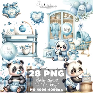 Aquarel blauwe baby shower clipart 28 PNG, Boy Babyshower clipart bundel, Its a Boy clipart, baby panda clipart, Gender Reveal Party