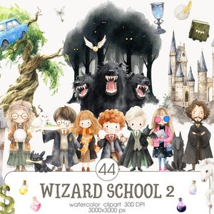 Aquarelle école de magicien, anniversaire des enfants des cliparts, personnage de sorcier fantastique, décoration de chambre d'enfant, clipart fantastique, monde de magicien magique, usage commercial