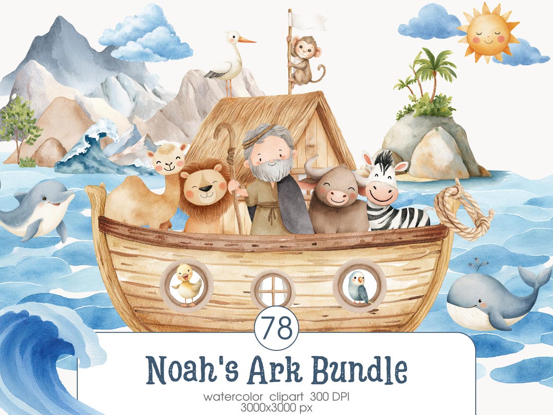 Noah's Ark Watercolor Clip Art (PNG), Nursery Decor, Bible Clip Art ...