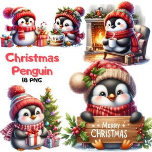 Pingüino de Navidad en acuarela 18 imágenes prediseñadas, pingüino de invierno, imágenes prediseñadas de animales navideños, pingüino de invierno PNG, animales bebés PNG, uso comercial