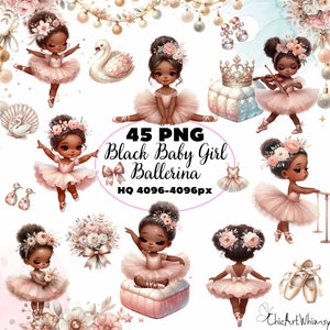 Bundle Acquerello Bambina Nera Ballerina Clipart 45 PNG, Piccola Ballerina AfroAmericana, Clipart Lago dei Cigni, Bambina AfroAmericana PNG
