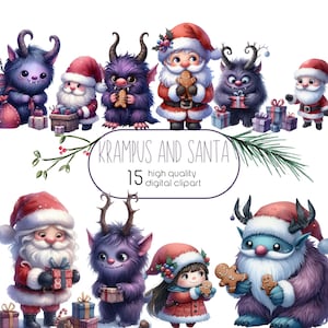 Watercolor Krampus and Santa Clipart, Christmas Krampus, Cartoon Krampus, Xmas Santa Bundle, Creepy Christmas PNG, Digital Download