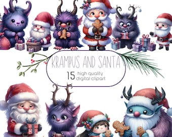 Watercolor Krampus and Santa Clipart, Christmas Krampus, Cartoon Krampus, Xmas Santa Bundle, Creepy Christmas PNG, Digital Download