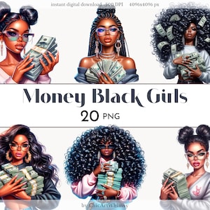 Black Girls with Money Clipart, Fashion Black Woman, Girl Boss Hustler PNG, African American, Money Inspiration Sticker, Tumbler Sublimation