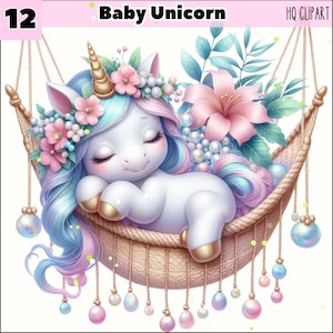 Baby Unicorn Watercolor 12 Clipart, Unicorn Сlip art, Cute Unicorn, Baby Unicorn PNG, Unicorn in a Hammock, Rainbow Unicorn, Commercial Use