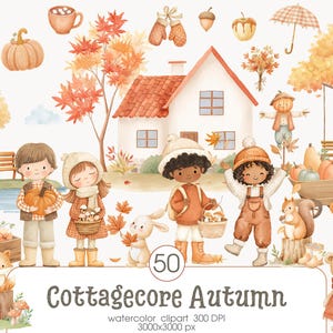 Watercolor Cottagecore Autumn Bundle Clipart, Cozy Fall Watercolor PNG, Rustic Nursery Art, Pumpkin, Digital Download, Commercial Use