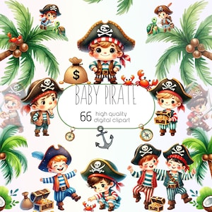 Aquarell süßer Pirat Junge Clipart, Karibik Clipart, kleiner Junge Pirat, Schatztruhe, Insel Clipart, Piratenschiff, Kinderzimmer Dekor