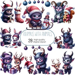 Watercolor Krampus with Animals Clipart, Christmas Krampus, Cartoon Krampus, Forest Animals, Creepy Christmas PNG, Digital Download