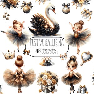 Bailarina festiva aquarela, Bailarina de festa dourada e preta, Clipart do Lago dos Cisnes, Bailarina bebê PNG, Pacote de aniversário de tutu Png, Bailarina de ano novo