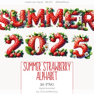 Clipart alphabet aux fraises d'été, décoration de chambre d'enfant, lot de lettres de l'Alphabet de fruits, PNG de l'alphabet pour enfants, sublimation Alpha, téléchargement numérique